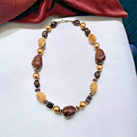 Marbled Faux Stone Necklace Chunky Statement Brown Camel Gold Beaded Jewelry - Picture 1 of 6